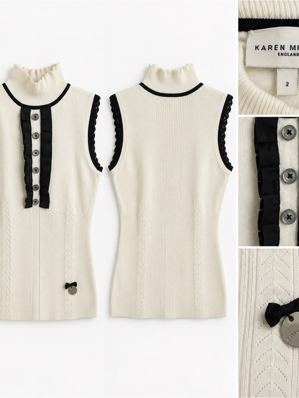 Karen Millen Cream Sleeveless Mock Neck Knit Top with Black Trim